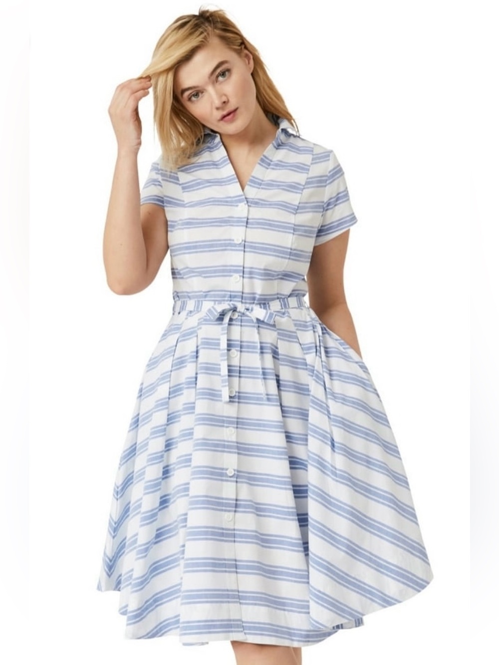 ellos Blue and White Striped Midi Shirt Dress 1X
